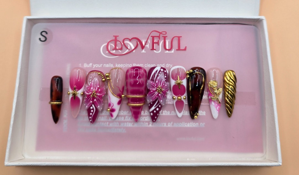 LOVFUL Handmade Press On Nails Small Fall 3D Floral Pink Burgundy Gold 10pc New